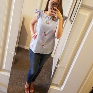 Blue & White Stripe Top with Flutter Sleeves